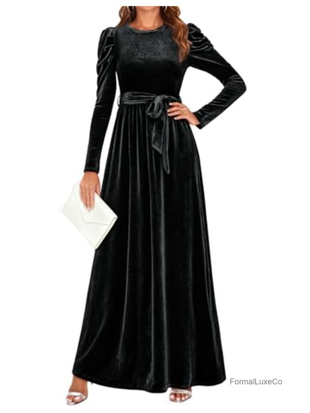 Long Puff Sleeve Velvet Maxi Dress High Waist Ruched Formal